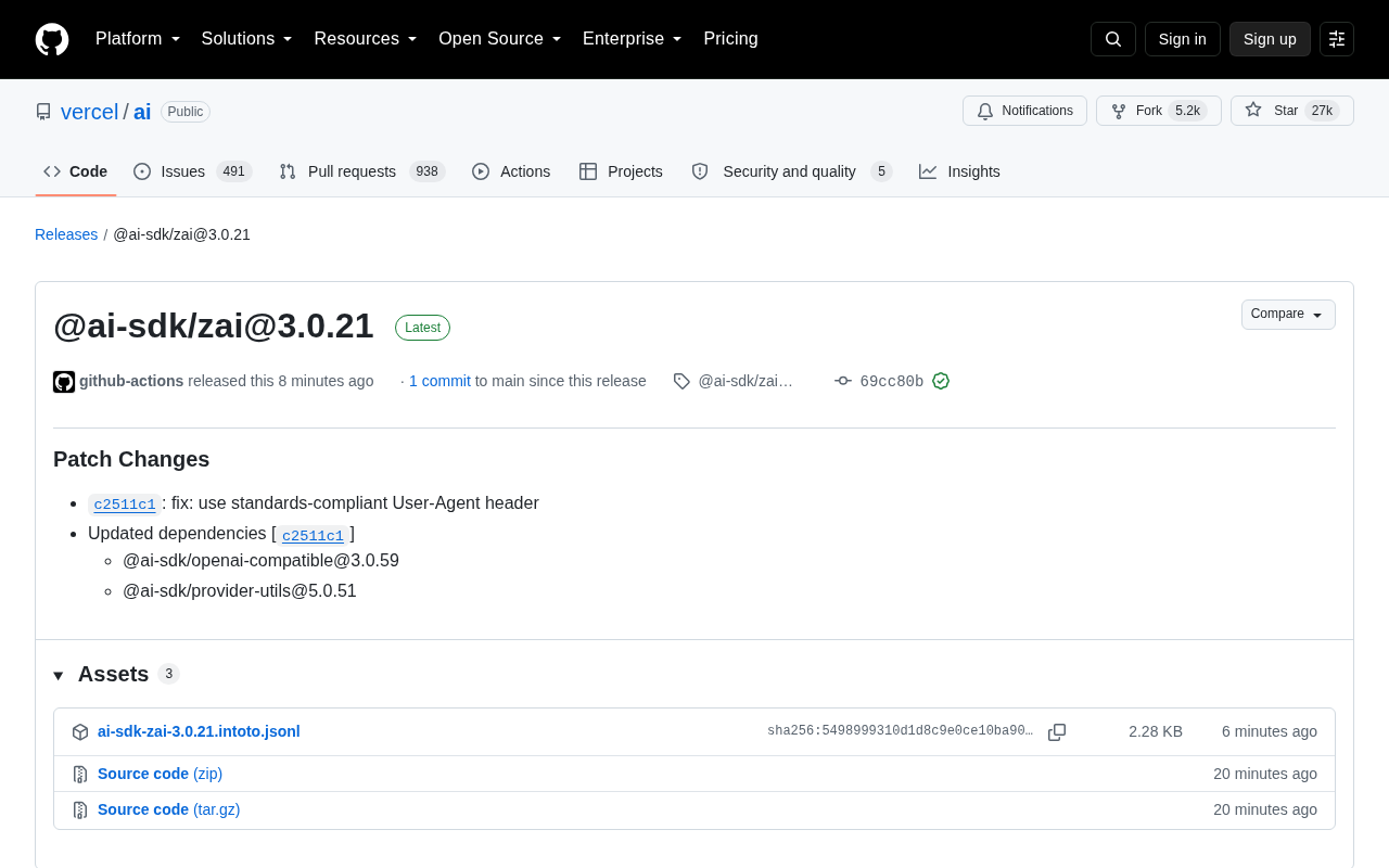 Vercel AI SDK Releases @ai-sdk/zai Version 3.0.21