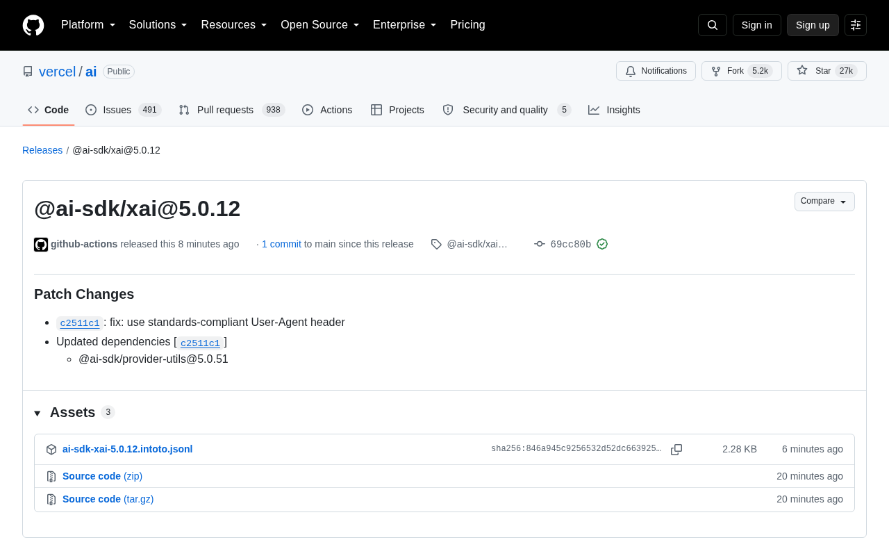 Vercel AI SDK Releases @ai-sdk/xai Version 5.0.12