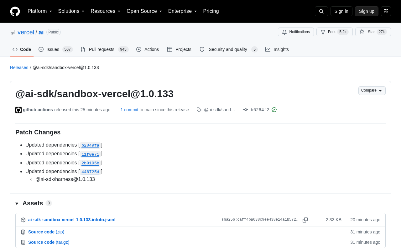 Vercel AI SDK 发布 sandbox-vercel 1.0.133 补丁更新