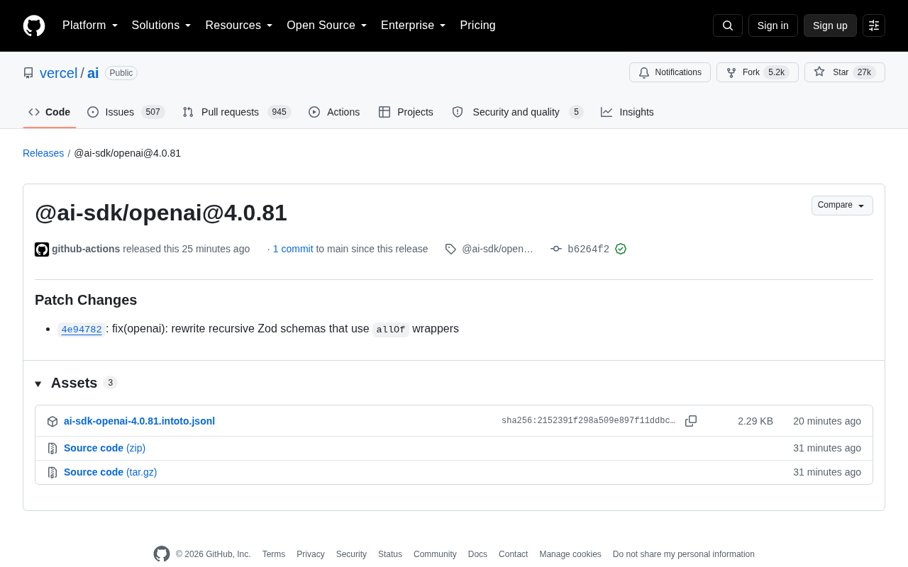 Vercel AI SDK Releases @ai-sdk/openai@4.0.81 Patch Update