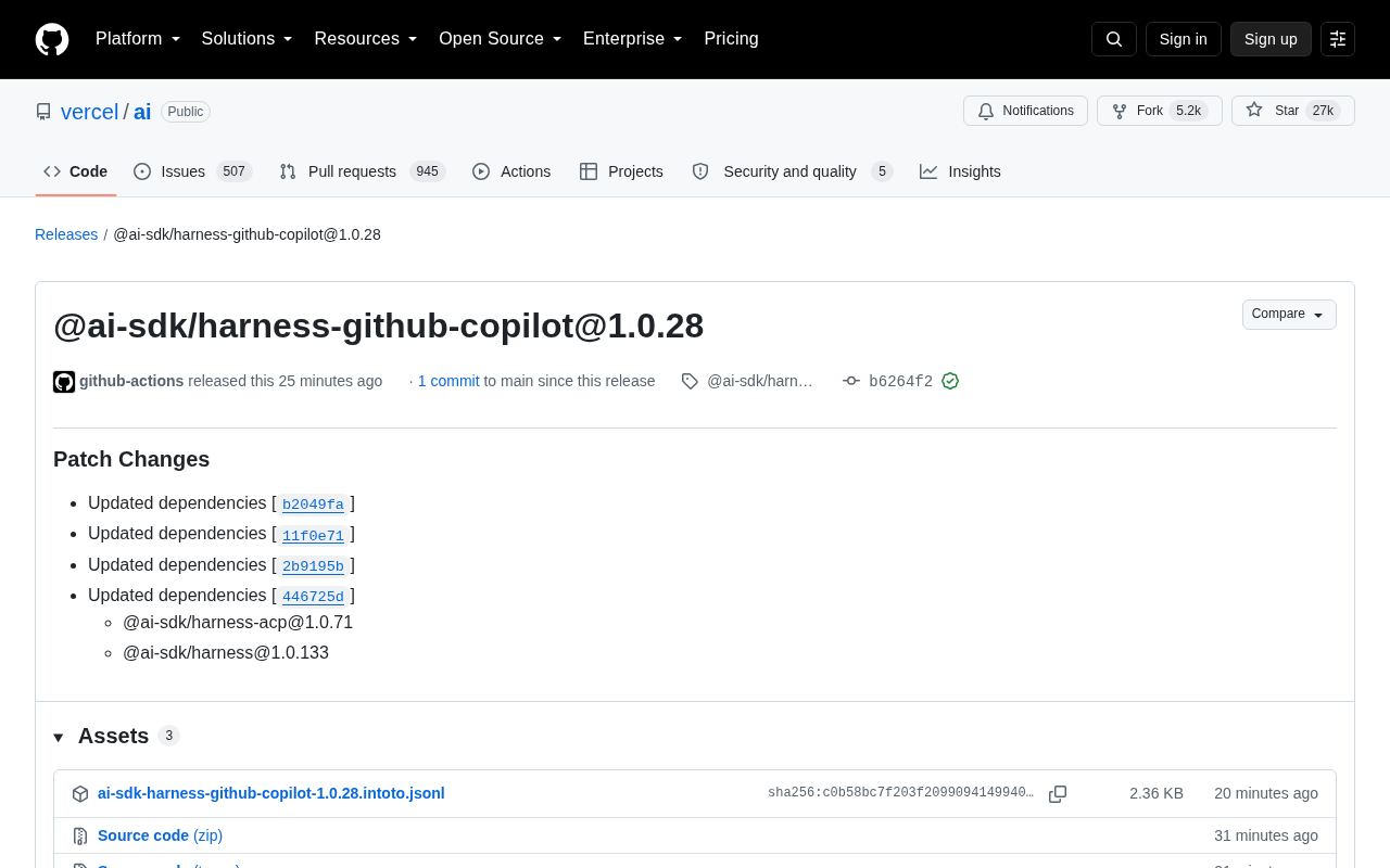 Vercel AI SDK 发布 harness-github-copilot 补丁更新