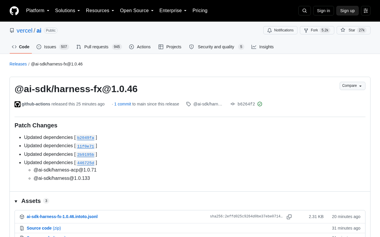 Vercel AI SDK 发布 harness-fx 1.0.46 补丁更新