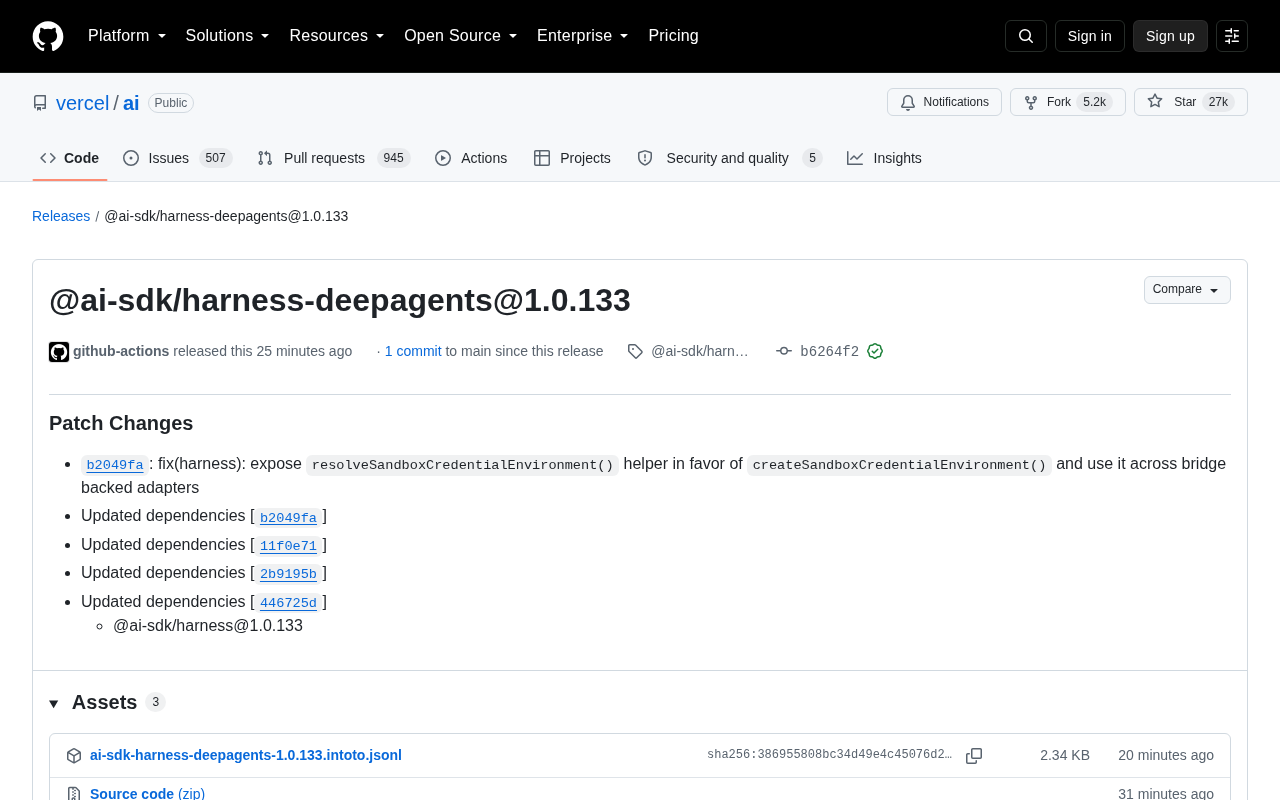 Vercel AI SDK Update: harness-deepagents Patch Release