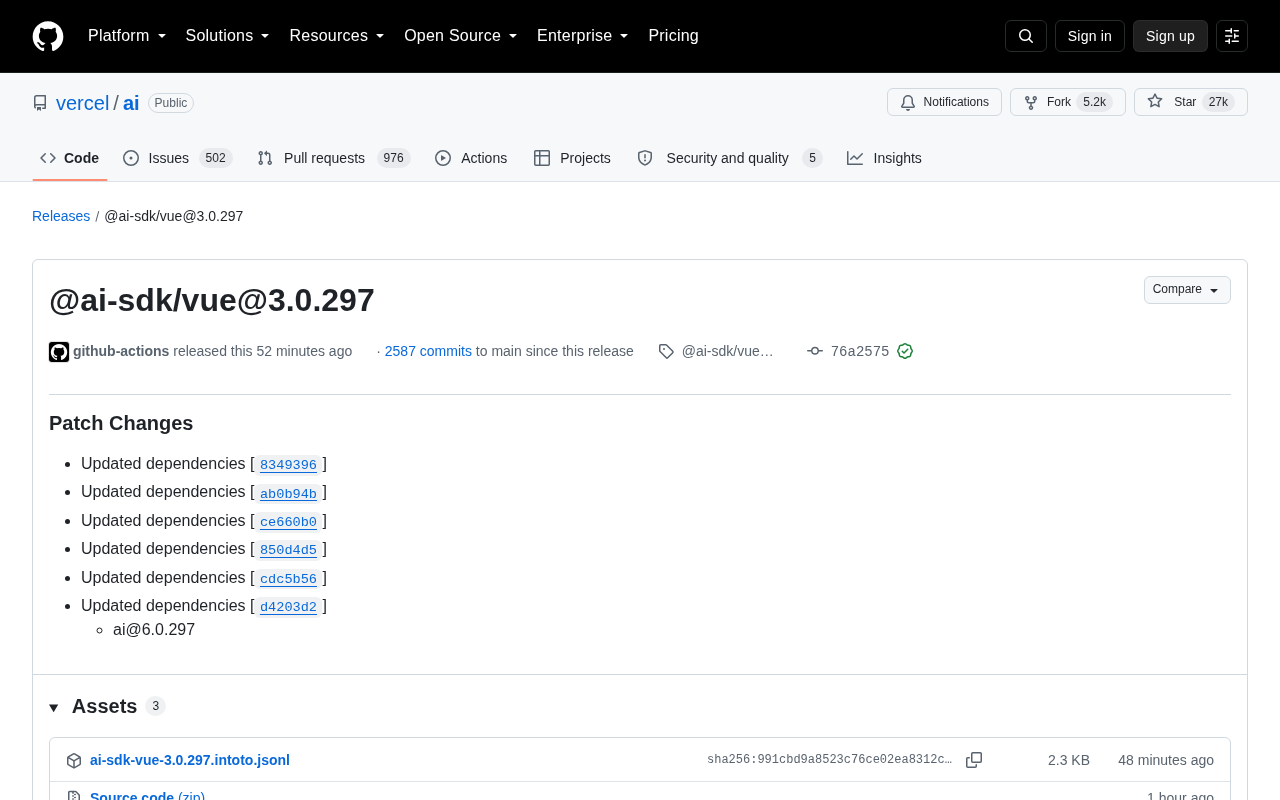 Vercel AI SDK Vue 3.0.297 Released: Dependency Updates and Patch Fixes