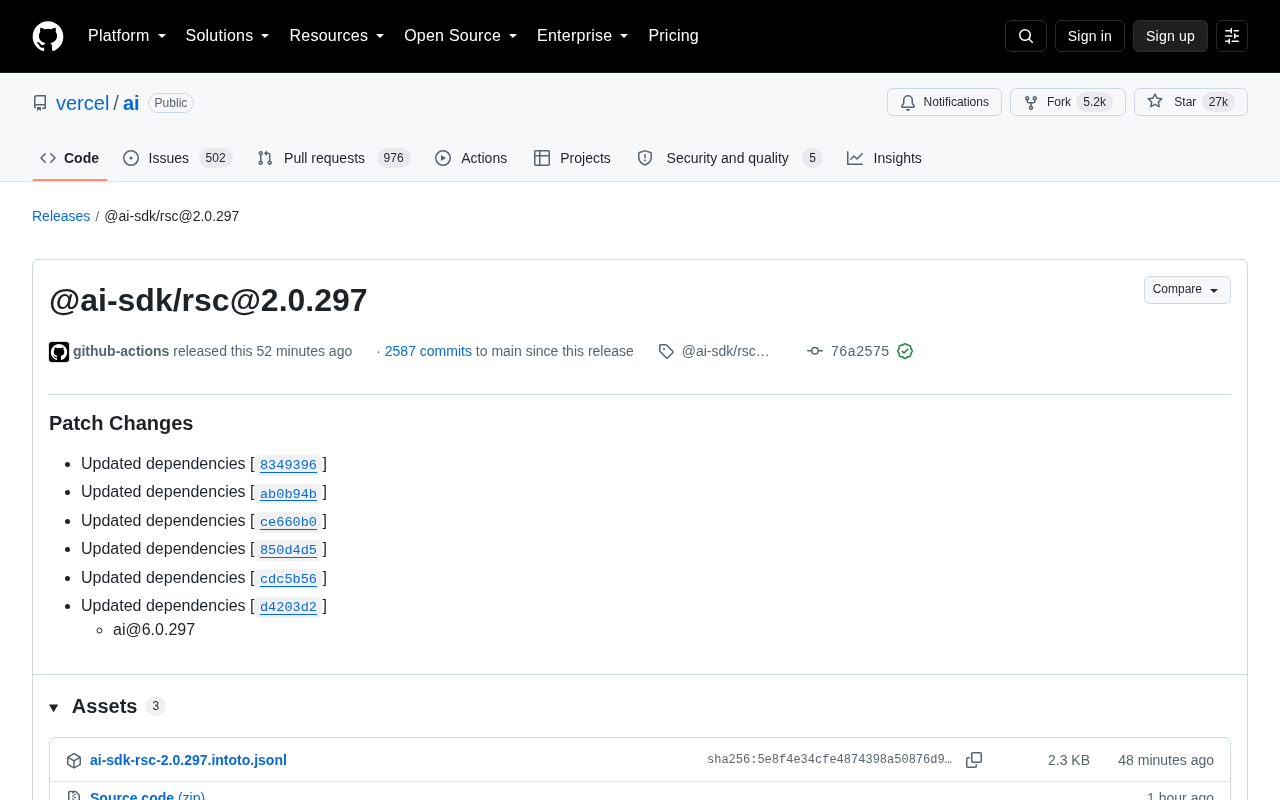 Vercel AI SDK Releases @ai-sdk/rsc 2.0.297 Patch Update