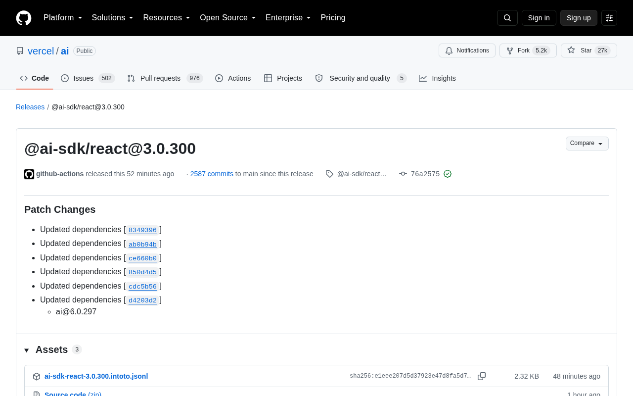 Vercel AI SDK React 3.0.300 发布:依赖更新版本解析