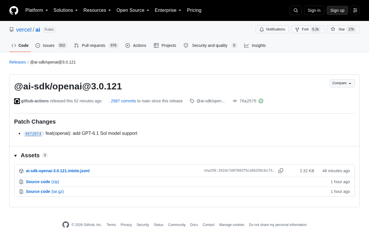 AI SDK OpenAI 3.0.121 发布:新增 GPT-6.1 Sol 模型支持