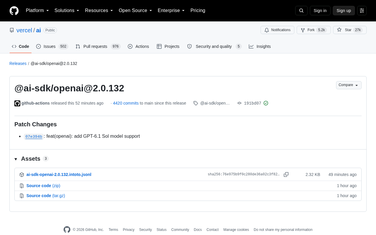 Vercel AI SDK Releases @ai-sdk/openai@2.0.132 Patch Update