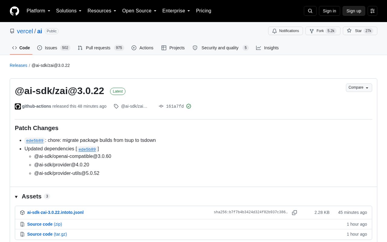 Vercel AI SDK Releases @ai-sdk/zai@3.0.22: Build Toolchain Migration