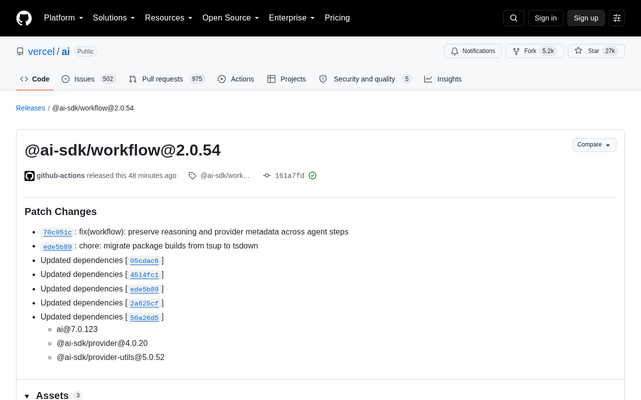 Vercel AI SDK Workflow 2.0.54 Released: Reasoning Metadata Now Preserved Across Steps
