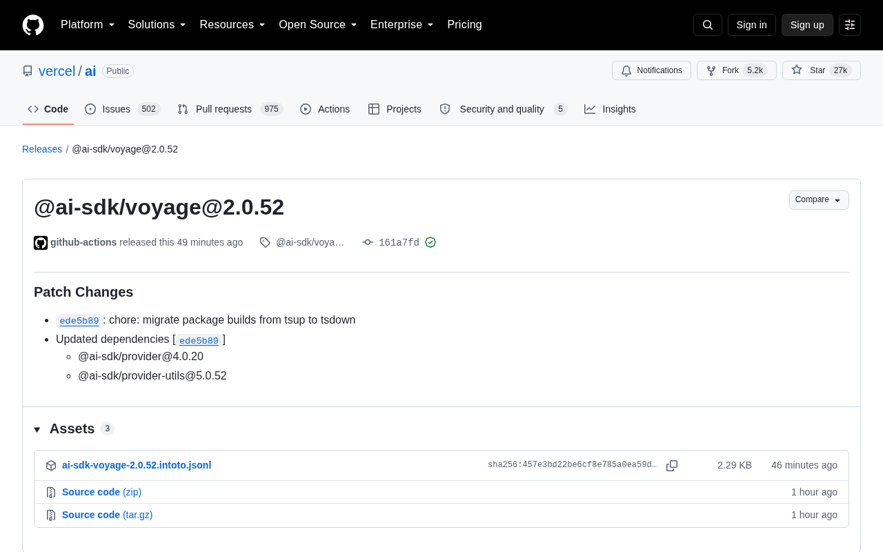 Vercel AI SDK 发布 @ai-sdk/voyage@2.0.52:构建迁移至 tsdown