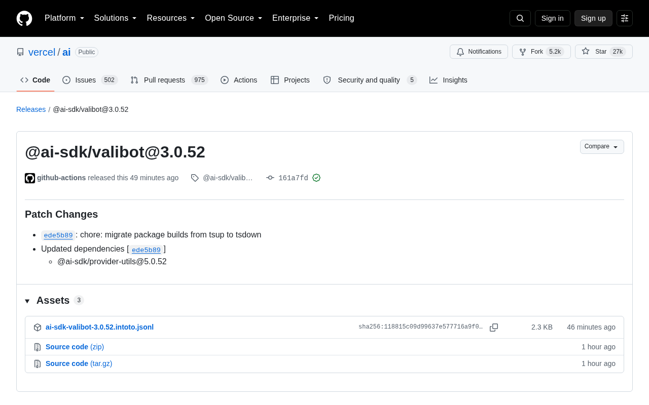 Vercel AI SDK Releases @ai-sdk/valibot@3.0.52 Patch Update