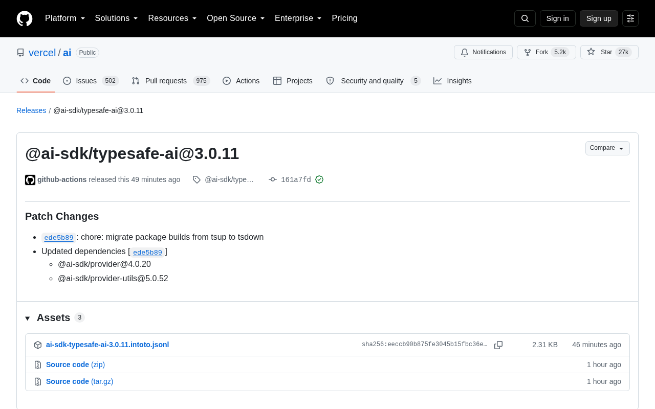 Vercel AI SDK Releases typesafe-ai 3.0.11: Build Tool Migration to tsdown