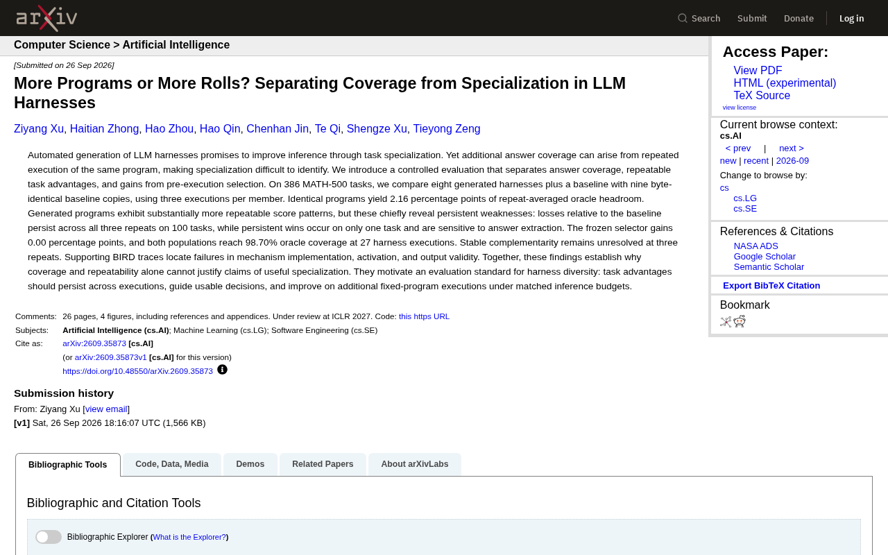 More Programs or More Repetitions? Decomposing Coverage and Specialization in LLM Harnesses