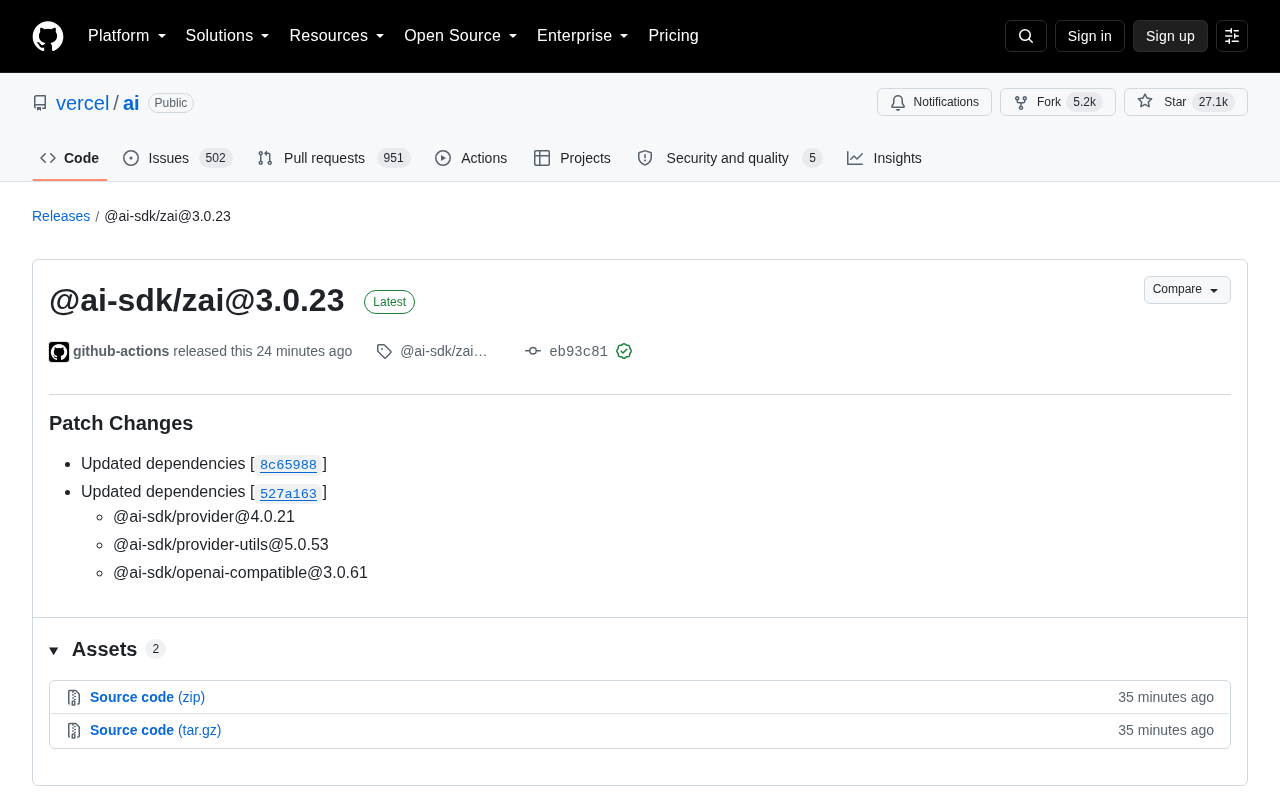 Vercel AI SDK Releases @ai-sdk/zai@3.0.23 Patch Update