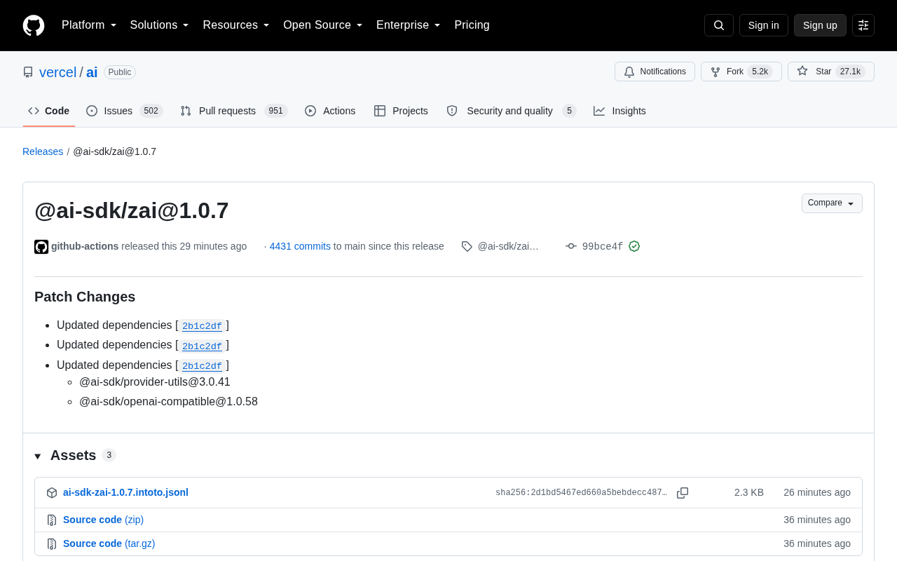 Vercel AI SDK Releases @ai-sdk/zai@1.0.7 Patch Update