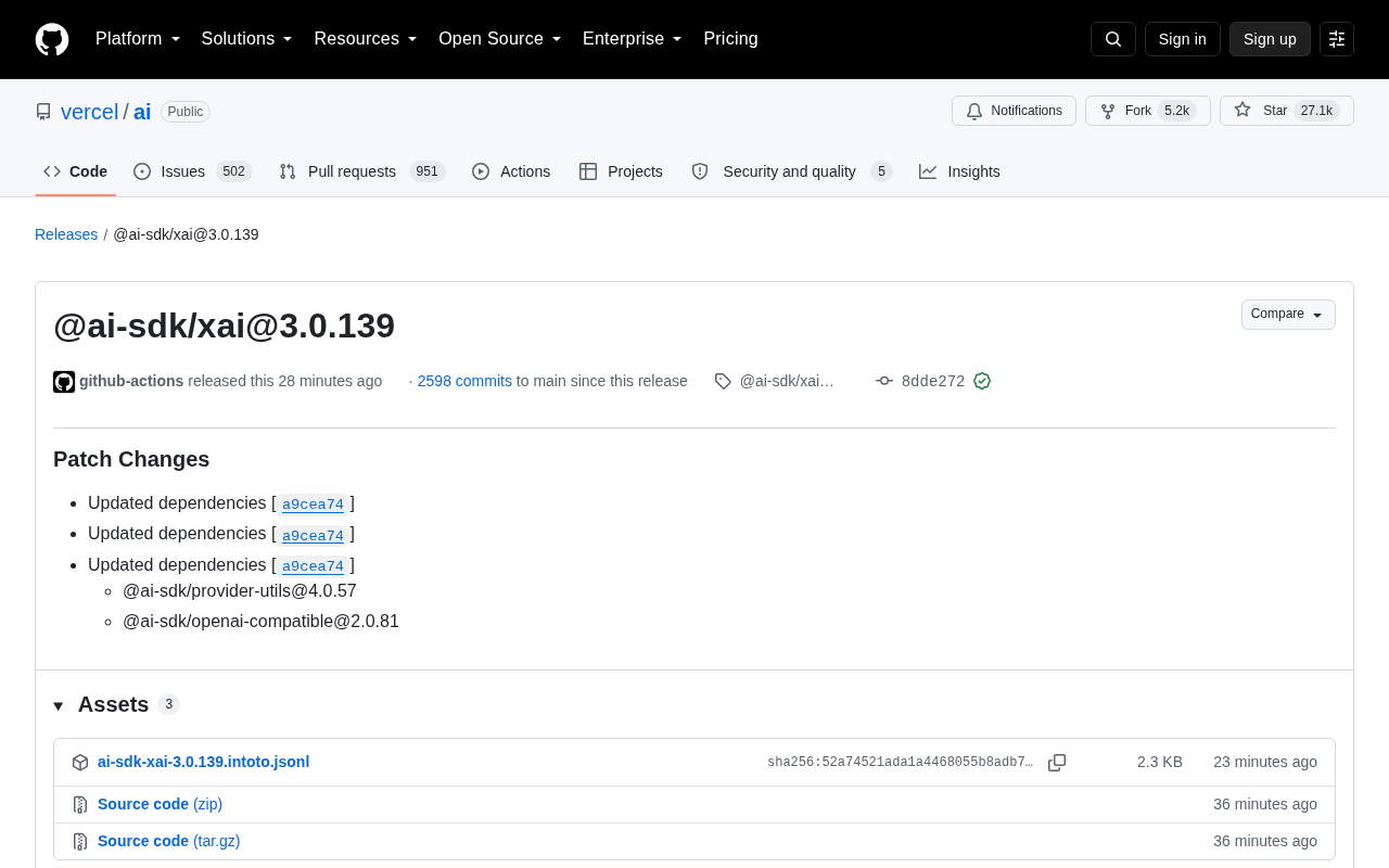 Vercel AI SDK Releases @ai-sdk/xai@3.0.139 Patch Update