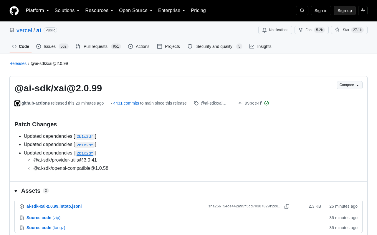 Vercel AI SDK 发布 @ai-sdk/xai 2.0.99 补丁更新