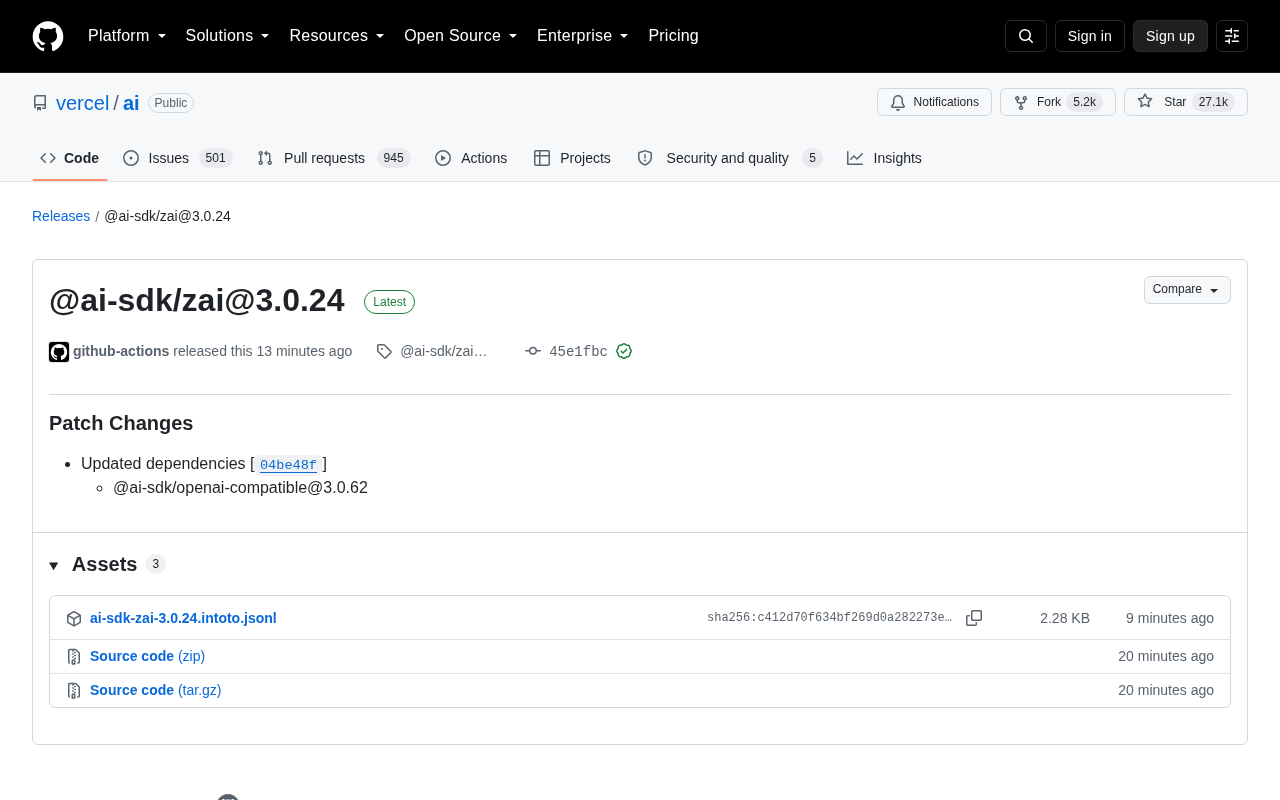 Vercel AI SDK Releases @ai-sdk/zai@3.0.24 Patch Update