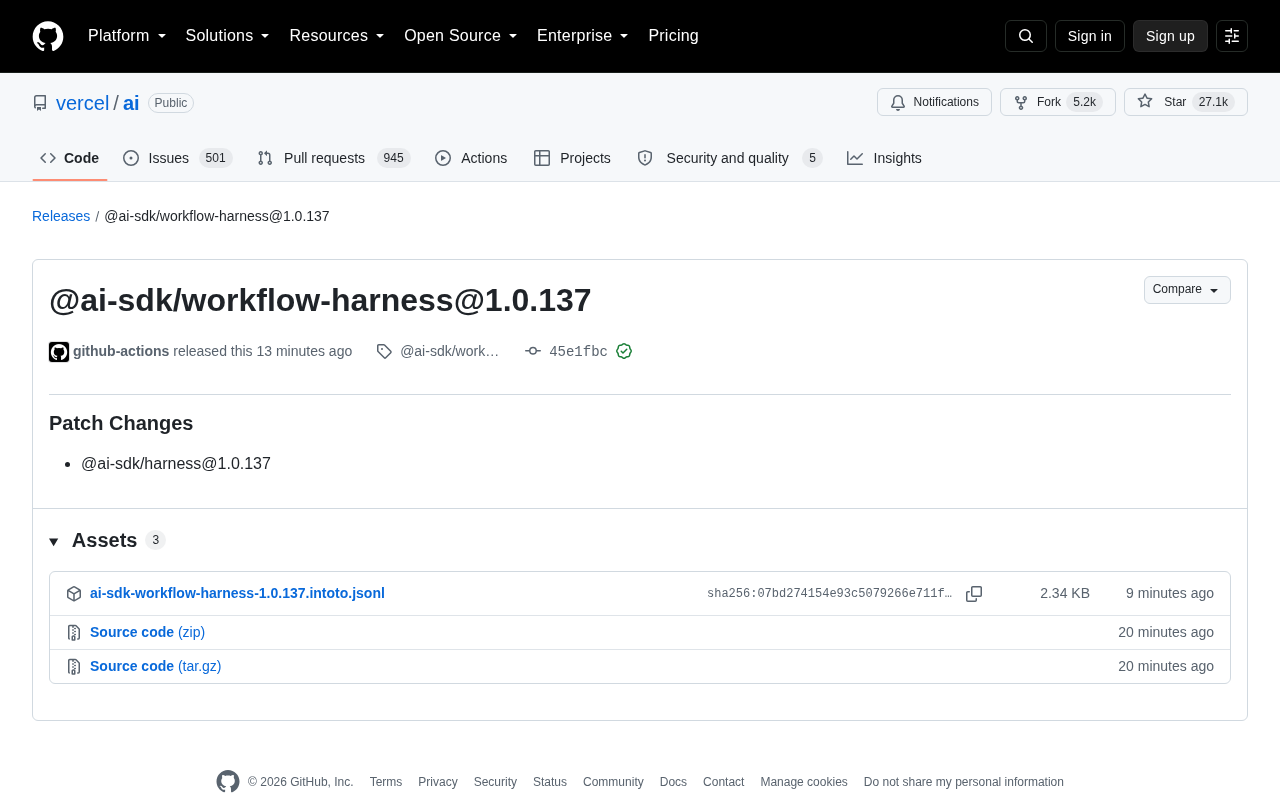 Vercel AI SDK 发布 workflow-harness 1.0.137 补丁更新