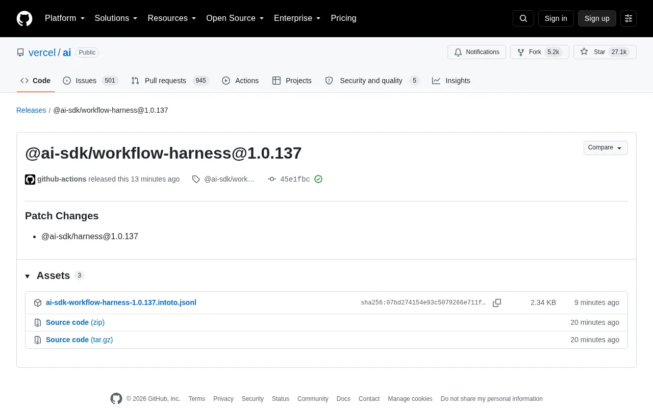 Vercel AI SDK Releases workflow-harness 1.0.137 Patch Update