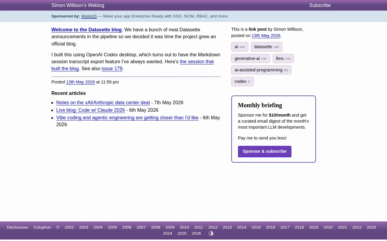 Datasette Launches Official Blog: Simon Willison Built It from Scratch with OpenAI Codex