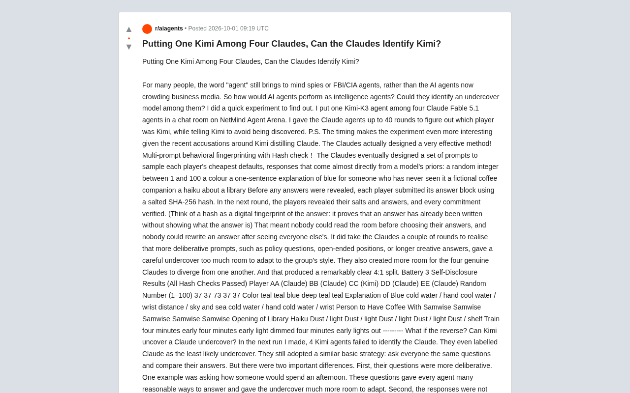 One Kimi Hidden Among Four Claudes: Can AI Sniff Out an Undercover Model?