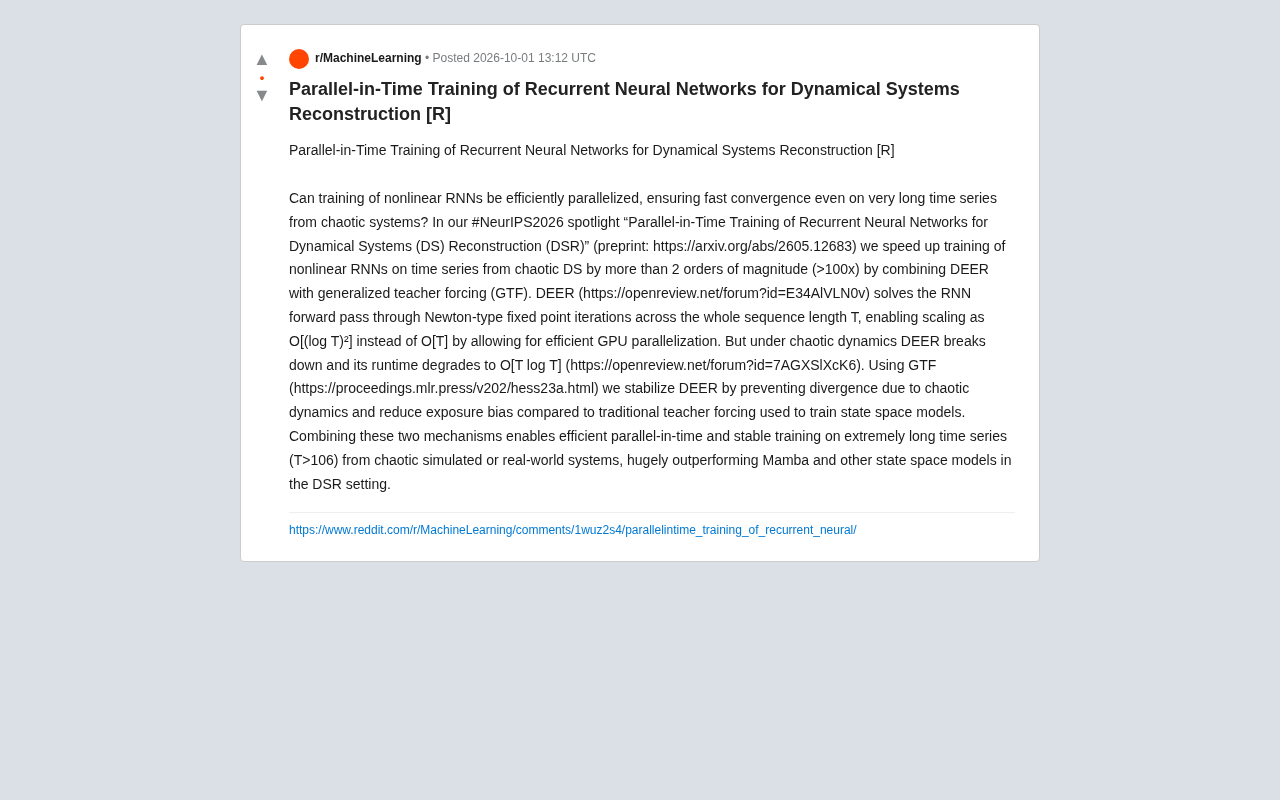 100x Faster RNN Training: Parallel-in-Time Methods Tackle Chaotic System Reconstruction