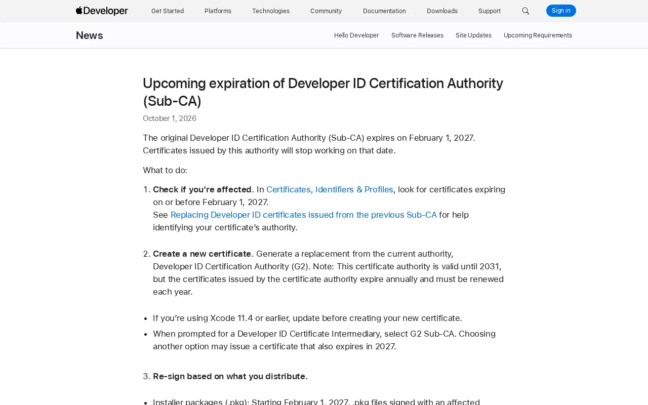 苹果Developer ID子CA将到期:开发者必须替换证书