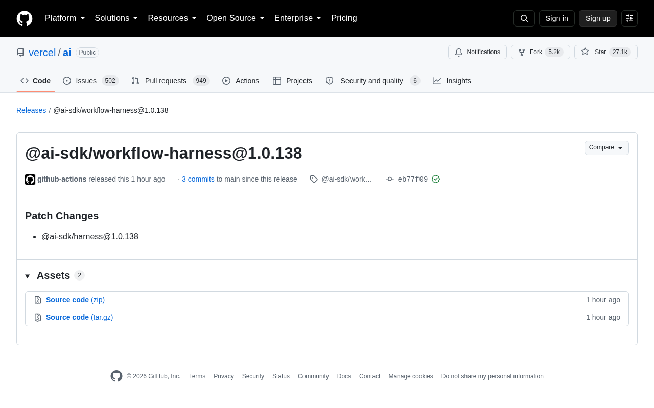 Vercel AI SDK Releases workflow-harness 1.0.138 Patch Update