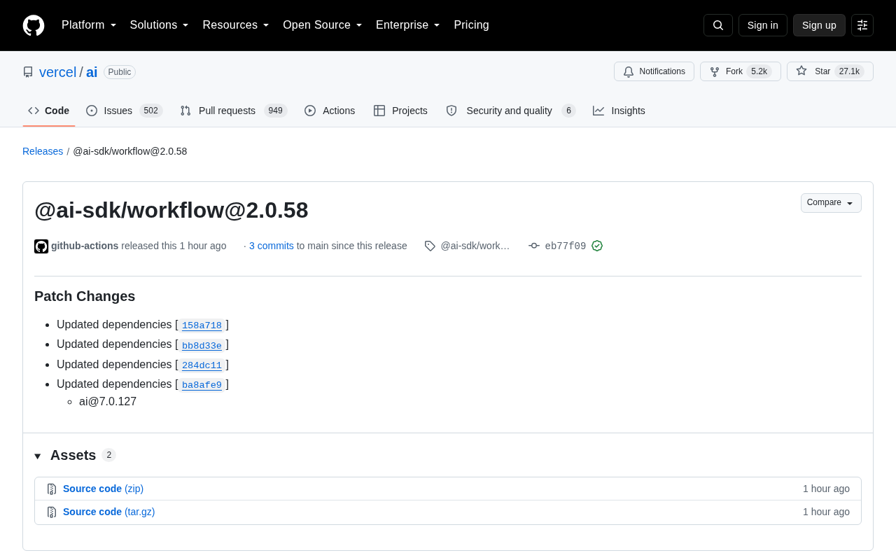 Vercel AI SDK 发布 @ai-sdk/workflow 2.0.58 补丁更新