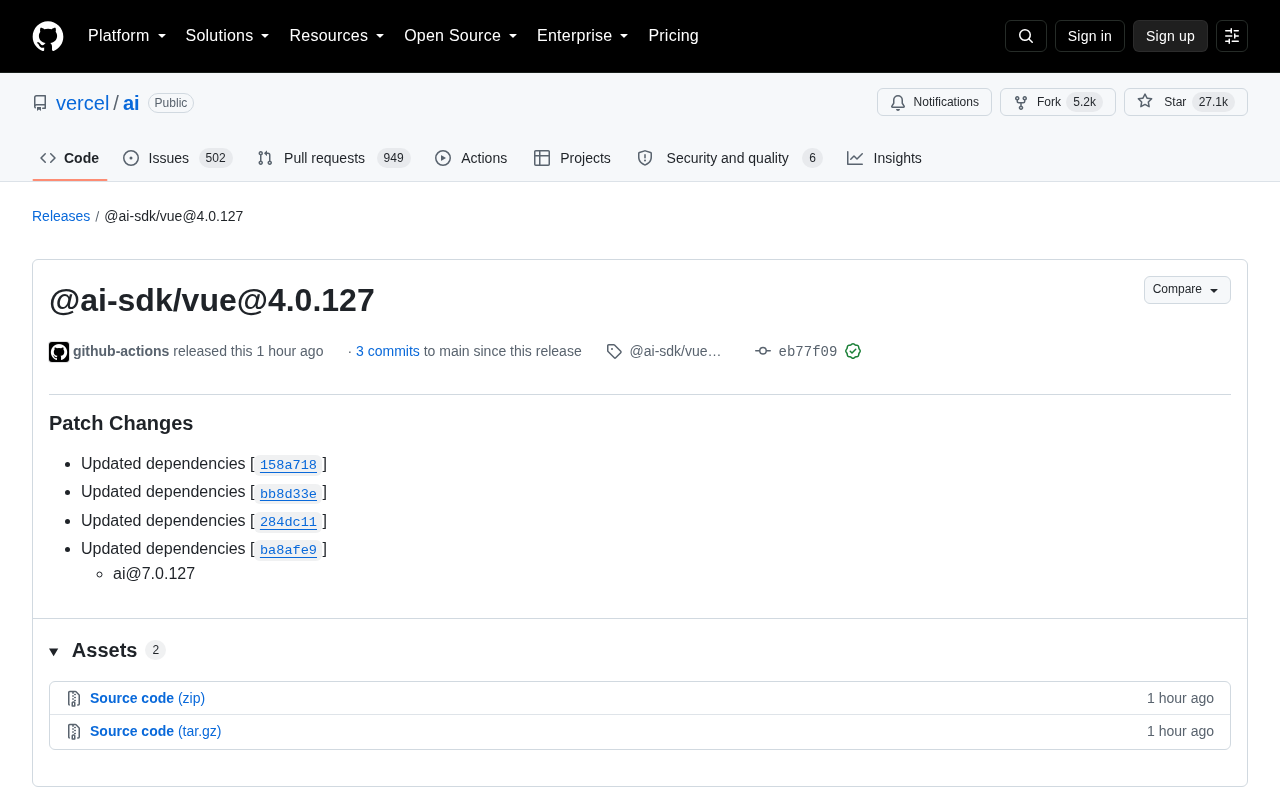 Vercel AI SDK Releases @ai-sdk/vue 4.0.127 Patch Update