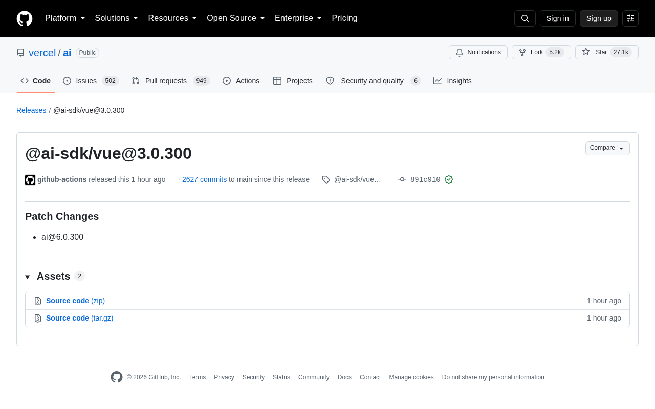 Vercel AI SDK Vue Releases Patch Version 3.0.300