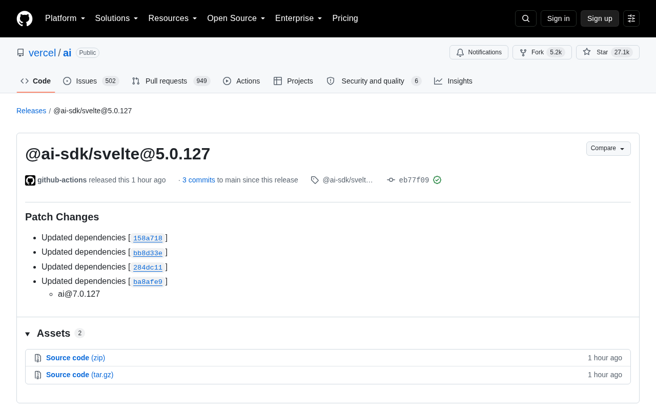 Vercel AI SDK Svelte release page