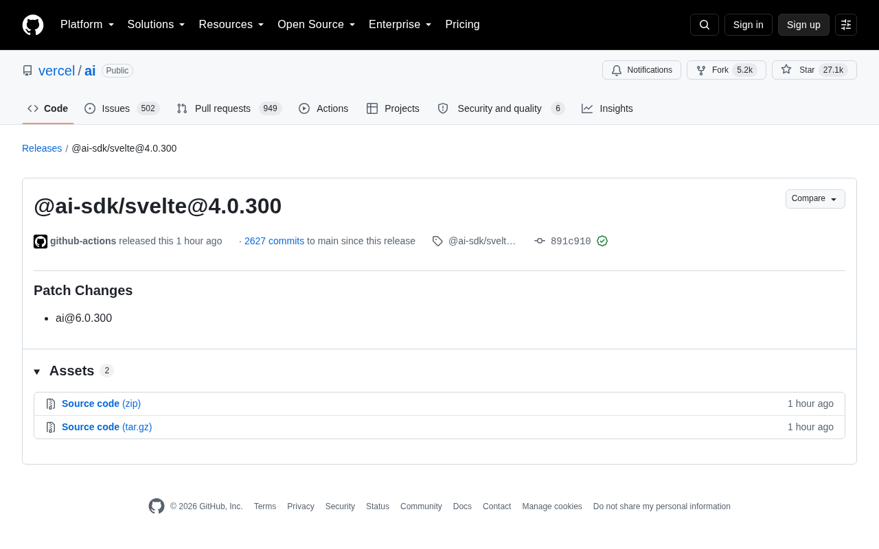 Vercel AI SDK Releases @ai-sdk/svelte 4.0.300 Patch Update