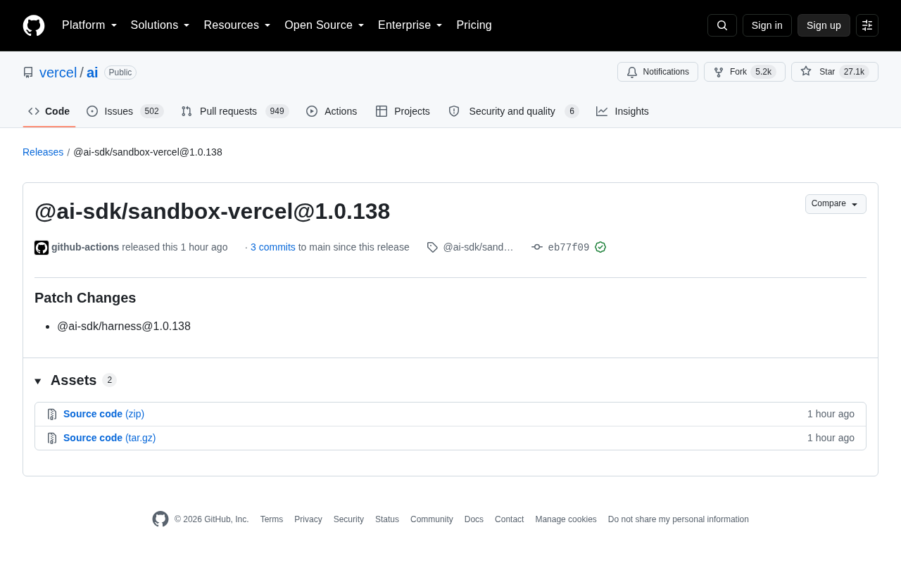 Vercel AI SDK Releases sandbox-vercel 1.0.138 Patch Update