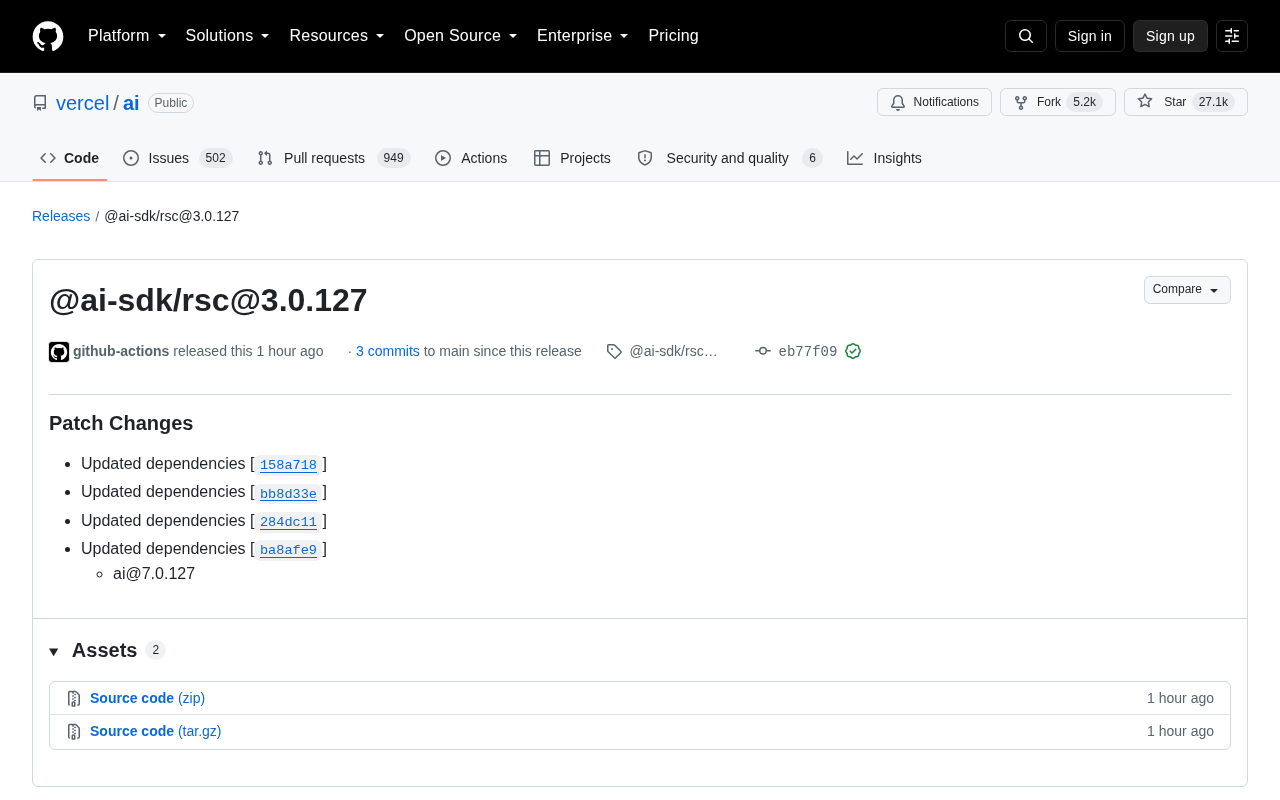 Vercel AI SDK 发布 @ai-sdk/rsc@3.0.127 补丁版本