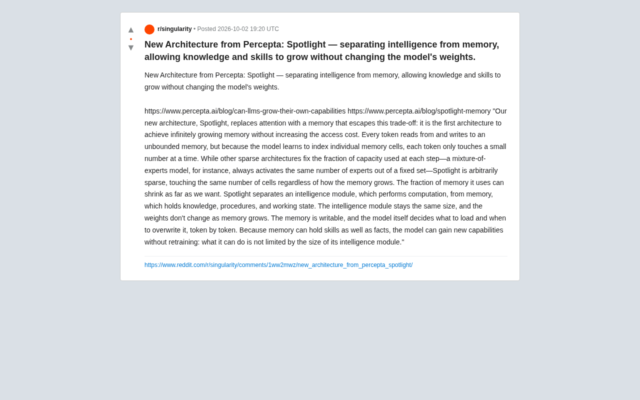 Percepta Unveils Spotlight Architecture: Decoupling Memory from Intelligence So Models Can Grow Without Retraining