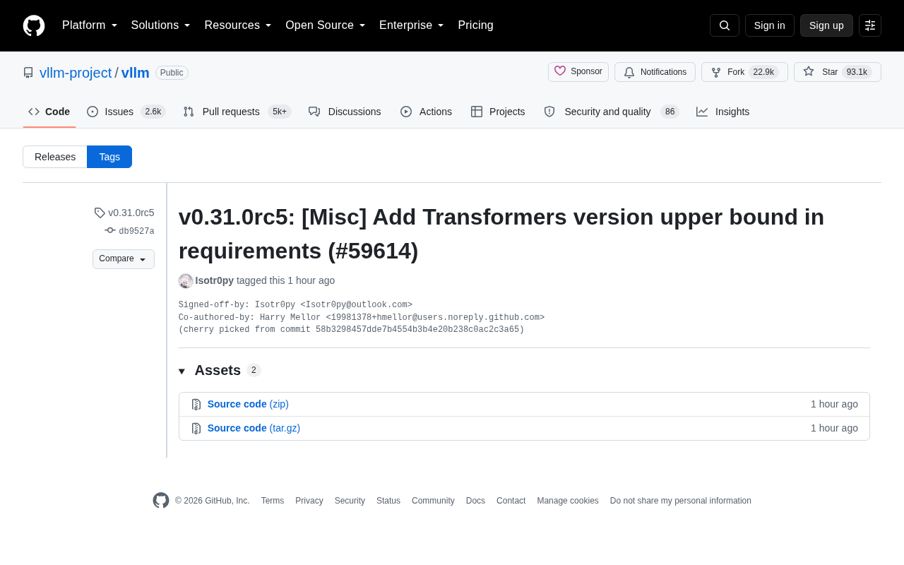 vLLM v0.31.0rc5 Released: Adding an Upper Version Bound for Transformers