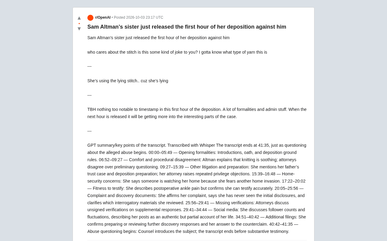 Sam Altman's Sister Releases First Hour of Deposition Video in Lawsuit Against Him