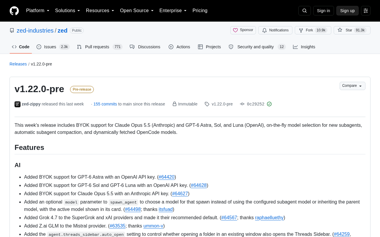 Zed v1.22.0-pre Released: BYOK Support for Frontier Models and Enhanced Subagent Capabilities