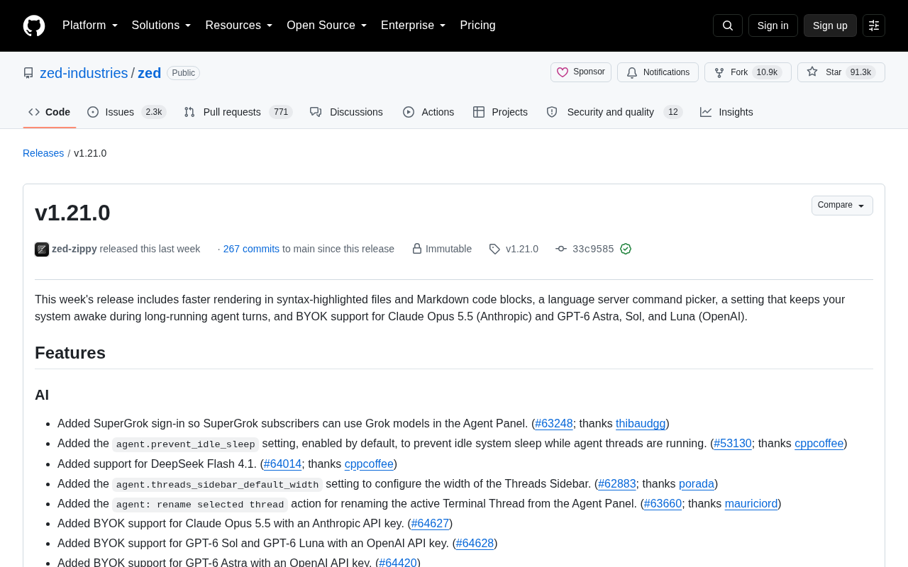 Zed v1.21.0 Released: BYOK Support for Claude Opus 5.5 & GPT-6, Major Rendering Performance Improvements