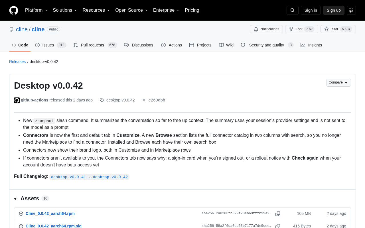 Cline Desktop v0.0.42 更新:/compact 命令与全新连接器中心