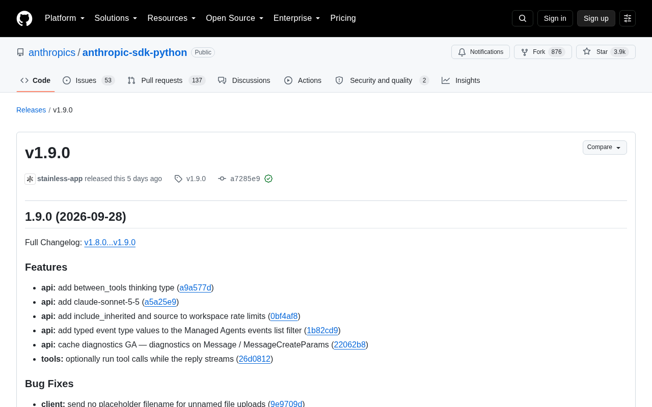 Anthropic Python SDK v1.9.0 Released: Introducing between_tools Thinking and Claude Sonnet 5.5