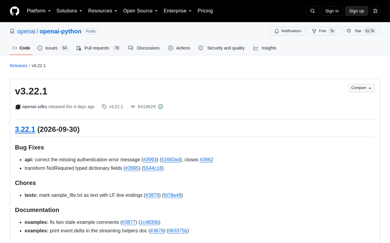 OpenAI Python SDK v3.22.1 Released: Fixes Authentication Error Messages and Type Conversion Issues