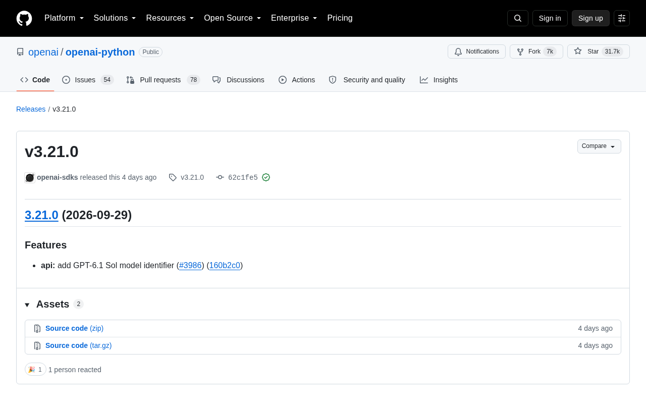 OpenAI Python SDK v3.21.0 发布:新增 GPT-6.1 Sol 模型标识
