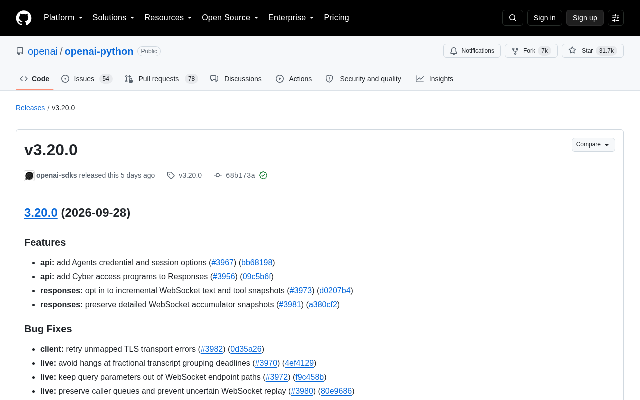 OpenAI Python SDK v3.20.0 Released: Agents Credentials, Session Options, and WebSocket Enhancements
