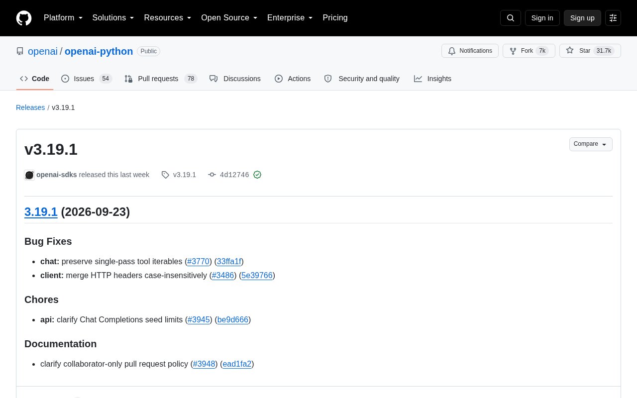 OpenAI Python SDK v3.19.1 Released: Fixes Tool Iteration and Header Merging Issues