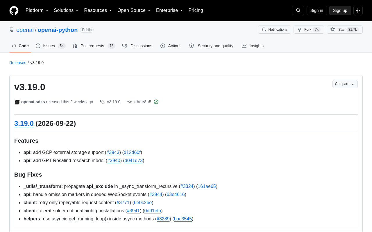 OpenAI Python SDK v3.19.0 Released: GCP Storage Support and Research Model Added