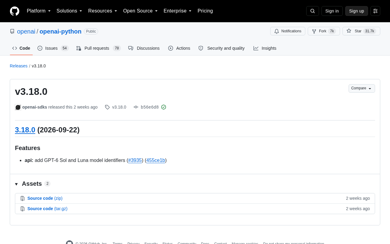 OpenAI Python SDK v3.18.0 发布:新增 GPT-6 Sol 与 Luna 模型标识